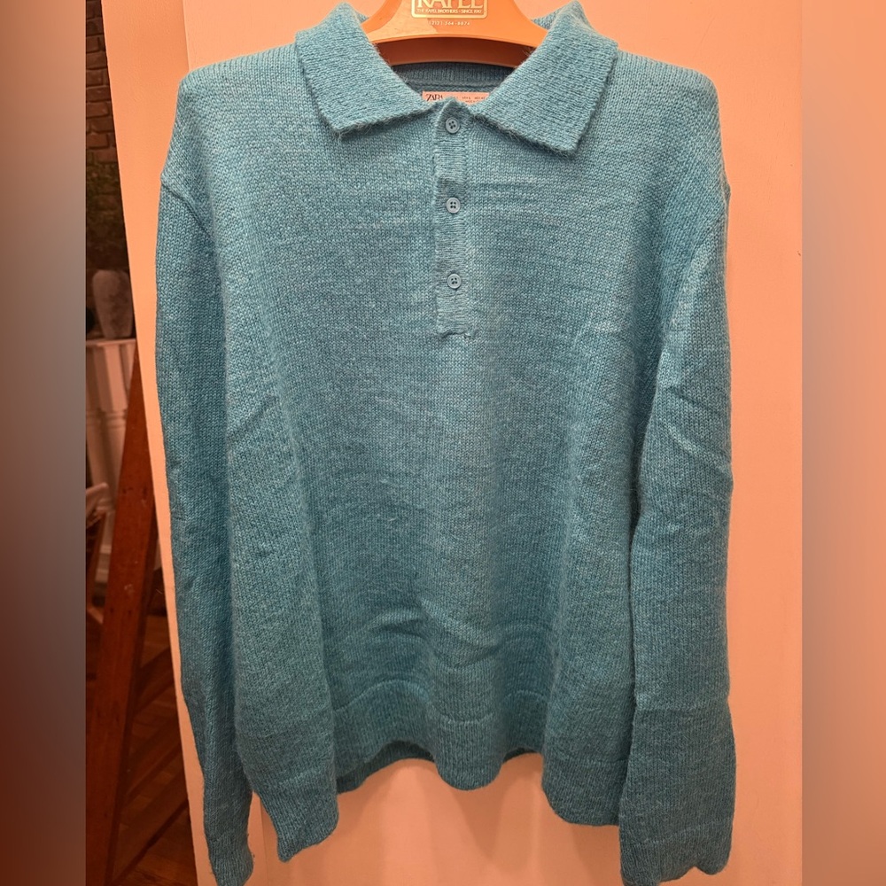 Men's teal wool blend Polo sweater